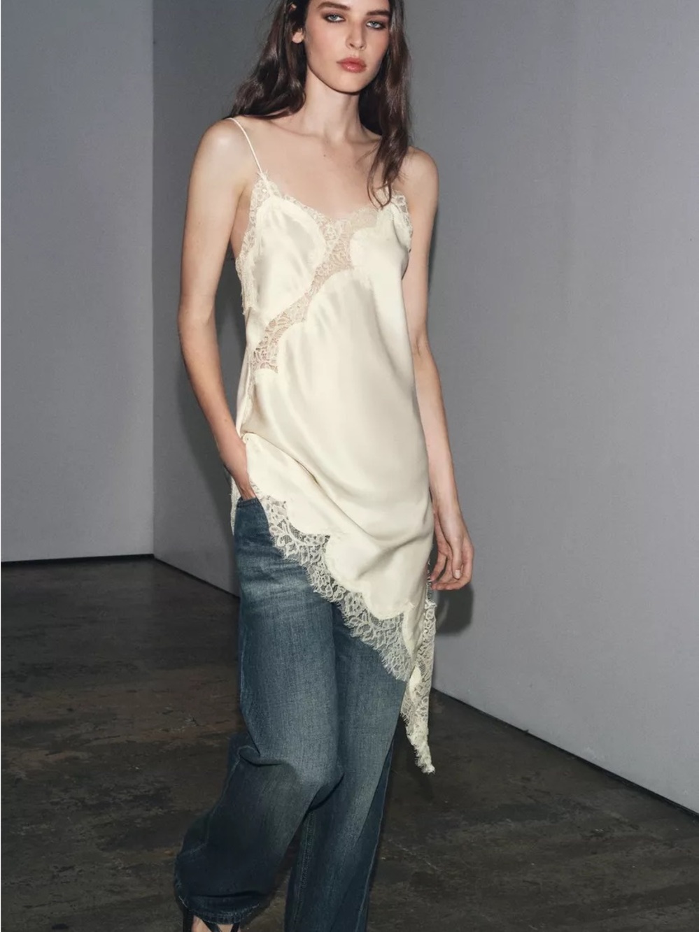 Zara Viral Tik Tok favorite ASYMMETRIC LACE DRESS ZW COLLECTION - Oyster-white